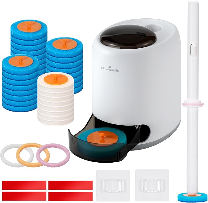 PeiTuSangJin Disposable Toilet Brush Wand kit,Auto-Ejecting32 Refills | 360° Dead-Angle-Free Cleaning,3 Air-Purifying Scent Rings,Wall-Mounted Disposable Toilet Brush(1+32)