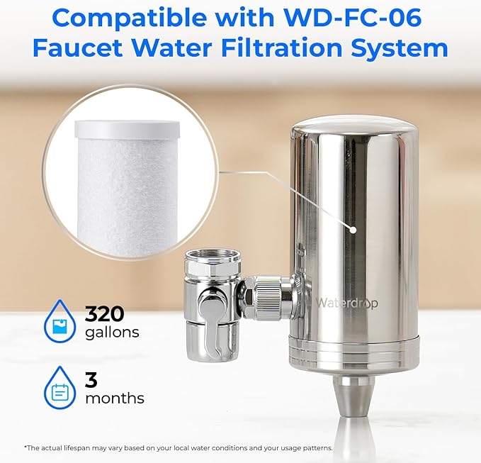 Waterdrop FF-03A Water Filter Replacement for Waterdrop WD-FC-06/FC-01/FC-02, Water Filter for Sink Faucet, Faucet Water Filter, Reduces Chlorine, Heavy Metals and Bad Taste