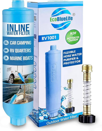 EcoBlueLife RV Water Filter - Inline Attachment with KDF & Activated Carbon, Reduces Odors, Chlorine-Taste, Sediments for Pure Drinking Waters, Perfect for Travel Trailers, Marine, Camper Water Filter
