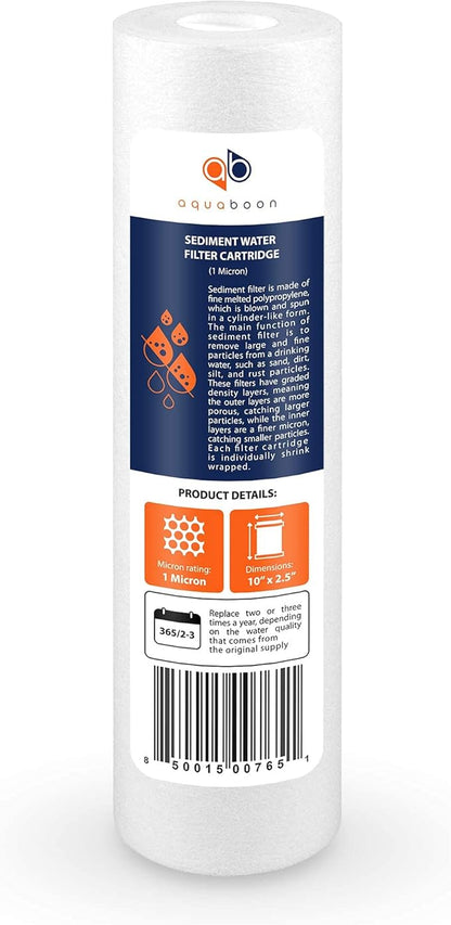 Aquaboon 1 Micron Whole House Sediment Filter 10 x 2.5 for RO & Well Water Filters Replacement Cartridges Compatible with AP110, WHKF-GD05, 50 Pack