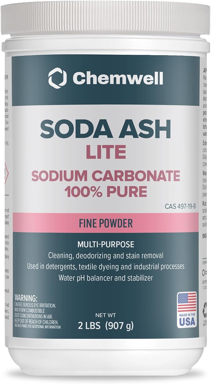 Chemwell Soda Ash Lite Grade 100 (2 lbs) - 100% Pure Sodium Carbonate - Water Softener, pH Adjuster, Cleaner & Pool Chemical, Tie-Die Enhancer - Multi-Purpose Powder for Home & Industrial Use