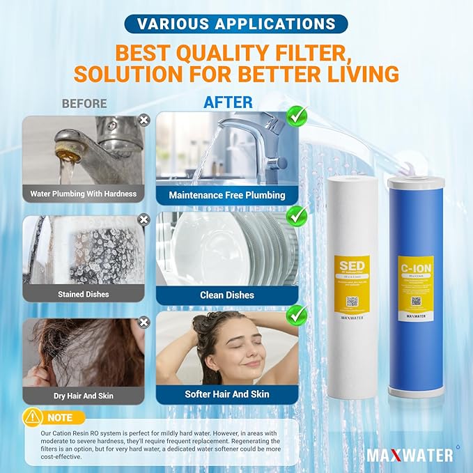 Max Water 20" x 4.5" BB Hard Water Replacement Filter Set - 20" Sediment + Cation Resin Cartridge for Hard Water Treatment & Sediment Removal | Fits Standard Whole House Water Filter Systems