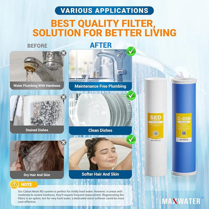 Max Water 20" x 4.5" BB Hard Water Replacement Filter Set - 20" Sediment + Cation Resin Cartridge for Hard Water Treatment & Sediment Removal | Fits Standard Whole House Water Filter Systems