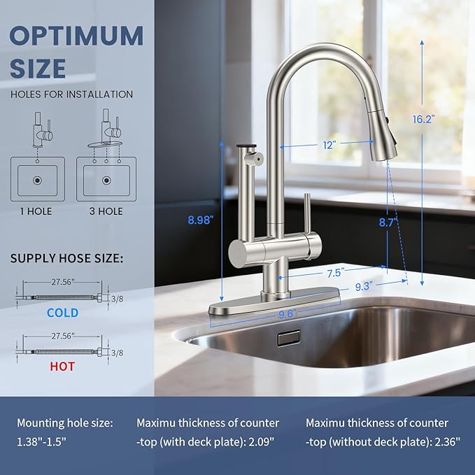 FEELSO Kitchen Faucets with Filtered, Stainless Steel Filter Kitchen Faucet with Pull Down Sprayer Reduces Lead, Chlorine, Bad Taste & Odor,High Arc Kitchen Sink Faucet 1 or 3 Hole for Farmhouse