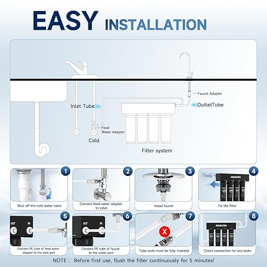 AQUALTRA USF-4F-10 Under Sink Water Filtration System, Commercial 65K Gal with Faucet, Reduce PFOA, PFOS, Chlorine, Lead, Mercury, Chloramine, Fluoride, Microplastics Particles, Bad Taste & Odor
