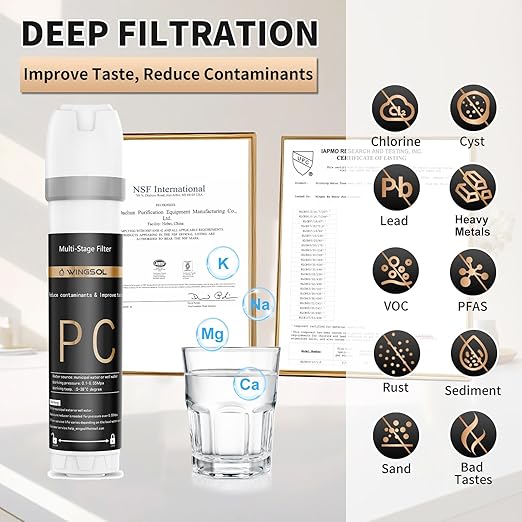 WINGSOL Under Sink Water Filter System with Brushed Nickel Faucet, NSF/ANSI 42&53 Anti-Clogged Pleated Filter Quick Change EZ Install, Reduce PFAS/Lead/Chlorine/Sediment, Long-Lasting Water Purifier