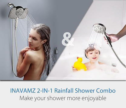 INAVAMZ Nickel 2.5GPM Shower Head with Handheld High Pressure: 10” Rainfall Shower Head & HandHeld Shower Head, 9 Spray Settings Detachable Shower Head with ON/OFF Switch and 15-Stage Filter