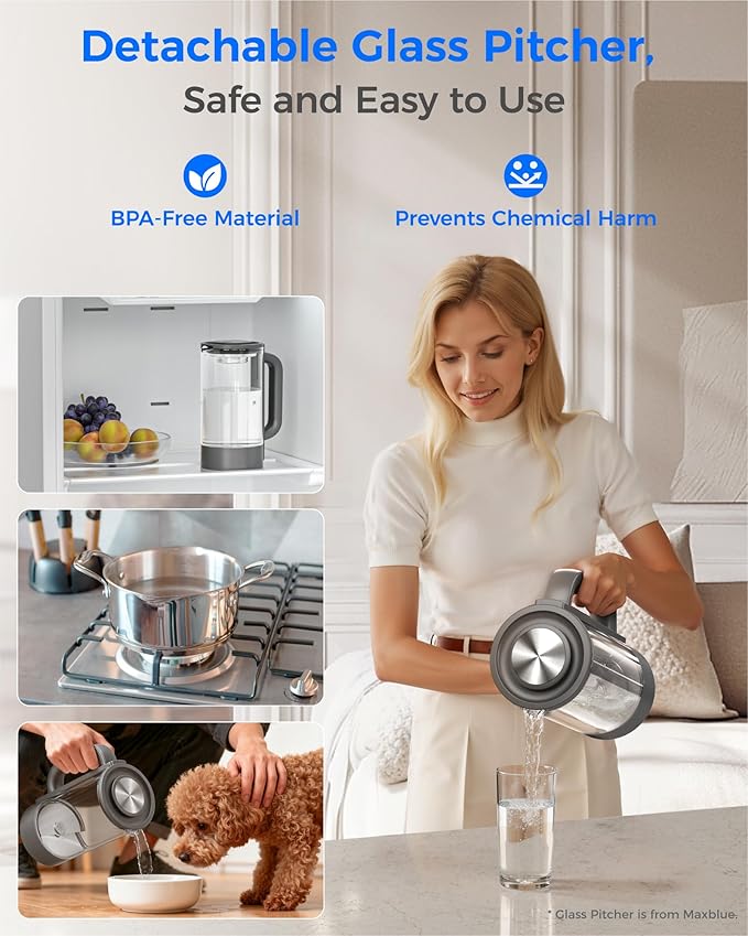 Waterdrop M6H Instant Hot Reverse Osmosis System Countertop Water Filter, 7-Stage, 3:1 Pure to Drain, Hot Water Dispenser with 5 Temperature Options, RO System with Glass Pitcher, BPA-Free