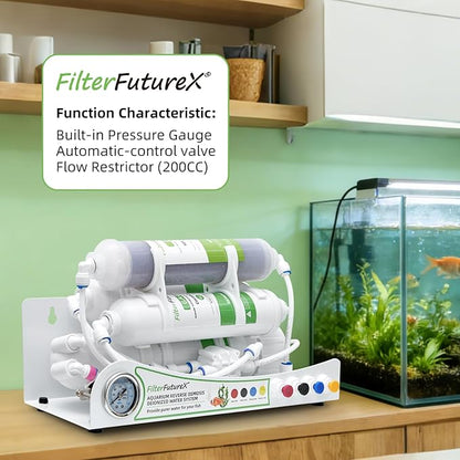 4 Stage Reverse Osmosis Aquarium Water Filter System RO+DI with Pressure Gauge Compact,Colour Changing DI Filter,100GPD,0 TDS for Freshwater&Saltwater Tanks