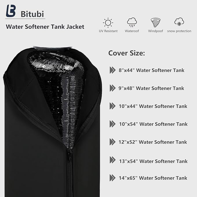 Bitubi Water Softener Neoprene Sweat Jacket, Outdoor Water Softener and Filter Tank Cover to Prevent Sweating, Water Softener Insulated Cover (13x54, Black)