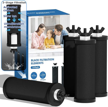 Black Purification Elements, Replacement Filters for ProOne® and Berlkey® Filters, ProOne® Big+ or Berlkey® Big Countertop Gravity Water Filter System, NSF 42&372 Certified(4 Pack)