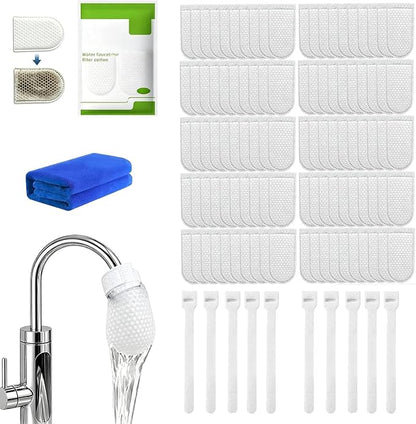 Faucet Filter Cotton Bag,100Pcs Faucet Filter Bag for Filtering tap Water, Cotton Filter Bag for Faucet, Kitchen Sink (100 filter bags + 10 cable ties + 1 blue towel)