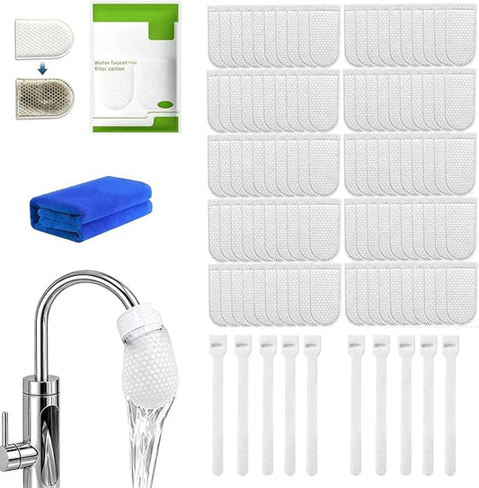 Faucet Filter Cotton Bag,100Pcs Faucet Filter Bag for Filtering tap Water, Cotton Filter Bag for Faucet, Kitchen Sink (100 filter bags + 10 cable ties + 1 blue towel)