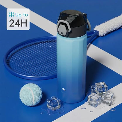 Konokyo FLOWPLAY 18oz Locking Push-Button Water Bottle with Silicone Spout,Leak-Proof,18/8 Stainless Steel Double-Wall Vacuum Insulated for Sports and Travel,BPA-Free,Sky