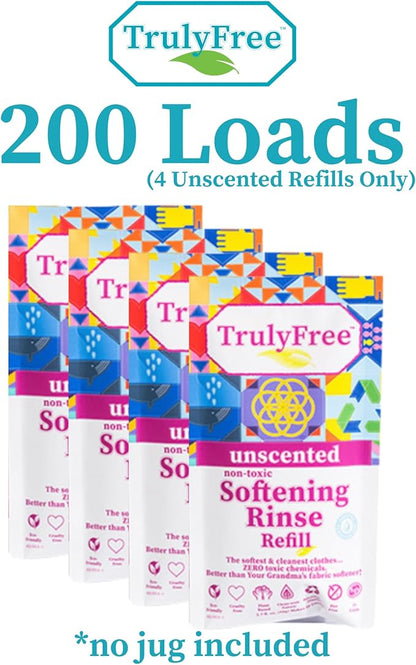 Truly Free Natural Fabric Softener | Non-Toxic for Babies & Kids Sensitive Skin | Plant-Based Laundry Softening Conditioner | Safe, Gentle & Chemical-Free | Unscented | 4 Pack Refill