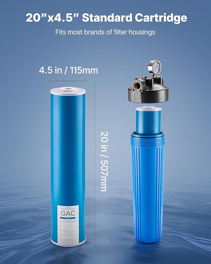 VEVOR GAC Filter, Universal Fit 20 x 4.5 in Granular Activated Carbon Replacement - for Whole House Water Filter Systems, Reduces Chlorine, Chemicals, VOCs, Bad Taste & Odor
