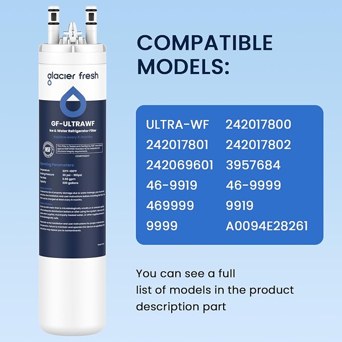 GLACIER FRESH ULTRAWF Frigidaire Refrigerator Water Filter, 2 Pack | Compatible with Pure Source Ultra, Kenmore 9999, 469999, 46-9999, A0094E28261, NSF 42 Certified