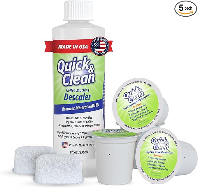Quick & Clean 4-Pack Cleaning Cups with Descaler Bundle (2 Total Uses) - 2.0 Compatible, Descaling Solution for Keurig, Nespresso, Ninja, Delonghi, All Coffee and Espresso Machines (5)