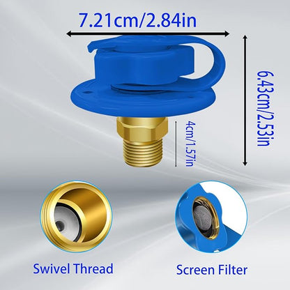RV City Water Inlet with Check Valve, RV Water Inlet Replacement, 3/4 NH Female to 1/2 NPT Male Flange RV Fresh Water Inlet, RV Water Inlet with Dust Plug for RV Camper Motorhome, Blue