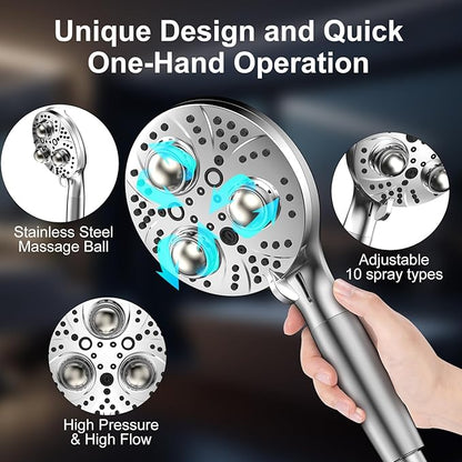 Filter Handheld Shower Head for Residual Chlorine Remove,10-Spray Modes Massage Showerhead, Large Powerful Handheld Showerhead with 79in Hose Detachable (Premium Chome)