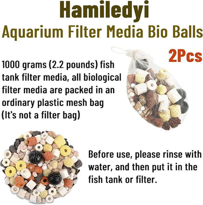 Hamiledyi 2 Pcs Aquarium Filter Media 12 in 1 Bio Balls Ceramic Rings Fish Tank Pond Biofilter Filter Media 1000 Grams with Mesh Bag