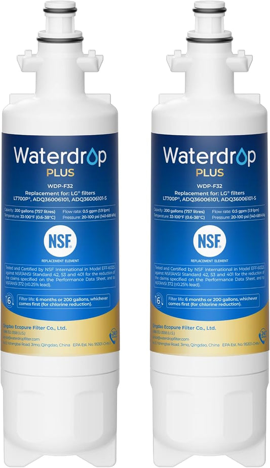 Waterdrop Plus ADQ36006101 Water Filter Replacement for LG® LT700P®, 2 Pack | NSF 53&401 Refrigerator Water Filter, Reduce PFAS, Replacement for Kenmore® 9690, ADQ36006102, WSL-3, FML-3