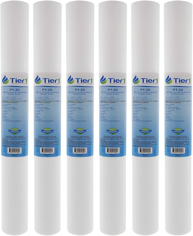 Tier1 1 Micron 20 x 2.5 Whole House Water Filter | Spun Wound Polypropylene Sediment Depth Filtration | Replacement for Pentek P1-20, SP-P1-20, PX01-20 | 2.5 x 20 Water Filter Cartridge (6 Pack)