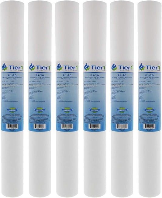 Tier1 1 Micron 20 x 2.5 Whole House Water Filter | Spun Wound Polypropylene Sediment Depth Filtration | Replacement for Pentek P1-20, SP-P1-20, PX01-20 | 2.5 x 20 Water Filter Cartridge (6 Pack)