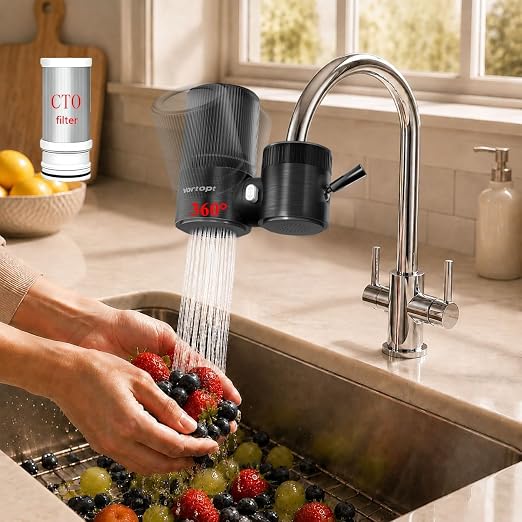 Vortopt T10 Water Filter for Sink Faucet, 360° Rotary Water Faucet Filter | Carbon Block Kitchen Sink Water Filter, Reduces 99% of Chlorine & Improves Taste. 350 Gallon Water Purifier for Faucet, Black