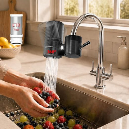 Vortopt T10 Water Filter for Sink Faucet, 360° Rotary Water Faucet Filter | Carbon Block Kitchen Sink Water Filter, Reduces 99% of Chlorine & Improves Taste. 350 Gallon Water Purifier for Faucet, Black