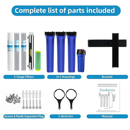 Geekpure 5 Stage Whole House Water Filter System with 2.5 x 20 5 Micron PP Sediment + Carbon Filters and 6 GPM UV