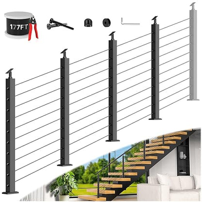 36" Modular 12-16FT Black T304 Stair Cable Railing Post Kit, Cable Railing System with 4 Stair Posts, 177ft 1/8" Wire Rope(No Handrail), Adjustable Length Easy DIY for 28-38° Stairway