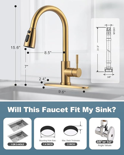 Touchless Kitchen Faucet Stainless Steel: WOWOW Smart Motion Sensor Kitchen Sink Faucet with Sprayer, Automatic Hand-Free Brushed Gold Kitchen Faucet for Sink 1 or 3 Hole