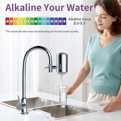 WINGSOL Stainless Steel Mineral Alkaline Water Filter for Sink Faucet, NSF/ANSI 42&53, 360° Rotating Tap Purifier Improve pH+ & Taste, Reduce Chlorine, Odor, Sediment, 250 Gallons, Reinforced Housing