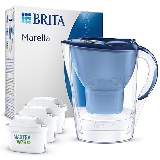 BRITA Marella Blue Water Filter Jug (2.4L) incl. 3 x Brita MAXTRA PRO All-in-1 Filters That Reduces Chlorine, Limescale and PFAS - Elegance and Functionality