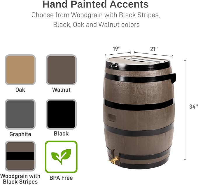 RTS Home Accents 50-Gallon Rain Barrel, Flat Back Rain Water Collection Barrel, Woodgrain with Black Stripes