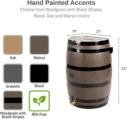 RTS Home Accents 50-Gallon Rain Barrel, Flat Back Rain Water Collection Barrel, Woodgrain with Black Stripes