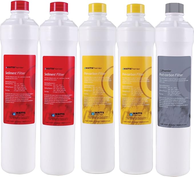 Watts Premier RO Pure Plus Reverse Osmosis Water Filter Replacement Kit (5 Pack) | Watts Premier RO Pure Reverse Osmosis Filtration System Water Filter Replacement Cartridge (1 Pack)