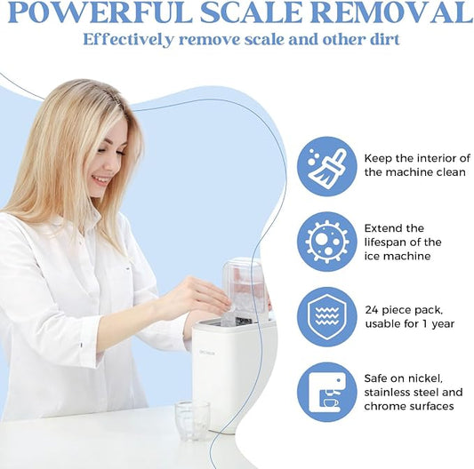 24 Ice Maker Cleaner Tablets, Ice Machine Cleaner Descaler Tablets | Compatible with Frigidaire, Opal, GE Profile, Kitchenaid, Nickel Safe Scale Remover for Countertop, Ice Makers