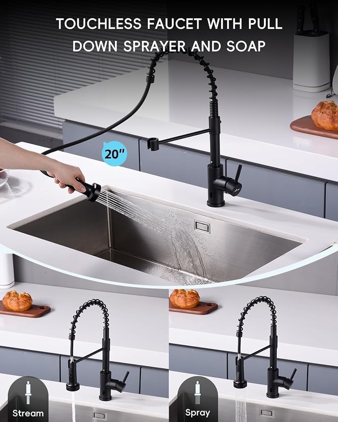 APPASO Black Touchless Kitchen Faucet with Soap Dispenser | Motion Sensor Activated Hands-Free Automatic Faucet for Sink with Pull Down Sprayer, Single Handle Faucets for Kitchen Sink
