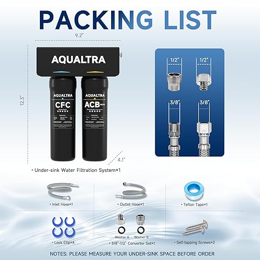 AQUALTRA USF-2B-10 Slightly Alkaline Under Sink Filter System, 20K Gal, Reduce PFOA, PFOS, Chlorine, Lead, Mercury, Chloramine, Fluoride, Microplastics Particles, Bad Taste & Odor