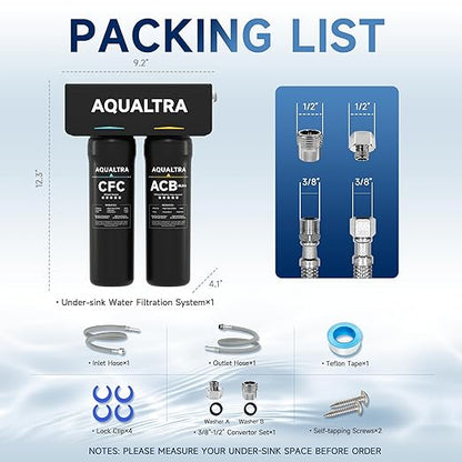 AQUALTRA USF-2B-10 Slightly Alkaline Under Sink Filter System, 20K Gal, Reduce PFOA, PFOS, Chlorine, Lead, Mercury, Chloramine, Fluoride, Microplastics Particles, Bad Taste & Odor