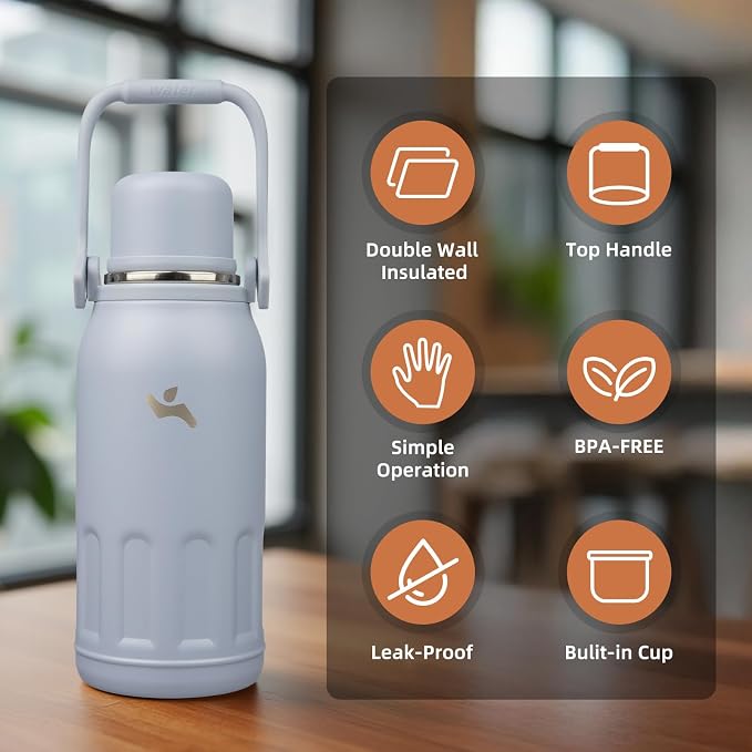 Konokyo Insulated Water Bottle with Handle and Strap,Vacuum Travel Tumbler with Cup Lid,Thermo Coffee Cup for Hot Cold Drinks 40 OZ,Blue Haze