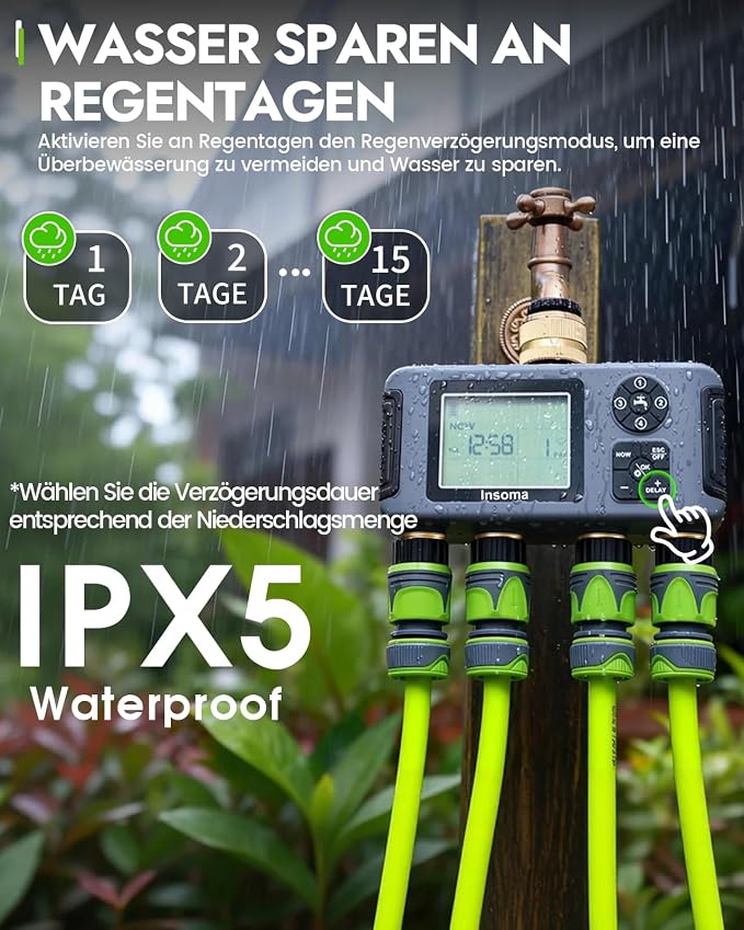 Insoma Water Timer 4 Zones with Brass Inlet & Outlet, Automatic Garden Hose Timer with Manual/Rain Delay & Large Display, IPX5 Waterproof Faucet Timers for Sprinkler System, Yard, Lawn, Greenhouse