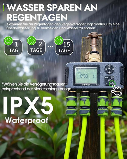 Insoma Water Timer 4 Zones with Brass Inlet & Outlet, Automatic Garden Hose Timer with Manual/Rain Delay & Large Display, IPX5 Waterproof Faucet Timers for Sprinkler System, Yard, Lawn, Greenhouse