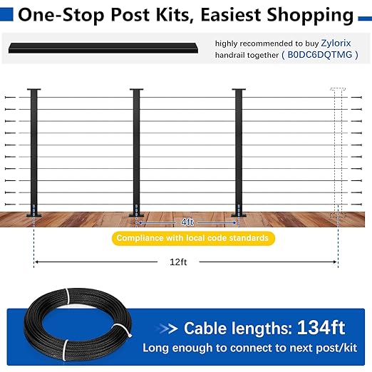 36" Modular 8-12FT Black T304 Cable Railing Post Kit, Complete Cable Railing System with 3 Level Posts & 134ft 1/8" Wire Rope(No Handrail), Adjustable Length Easy DIY for Decks/Porch