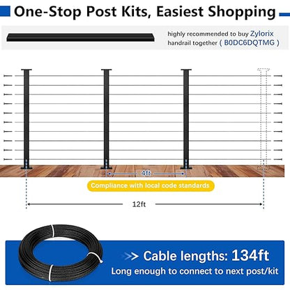 36" Modular 8-12FT Black T304 Cable Railing Post Kit, Complete Cable Railing System with 3 Level Posts & 134ft 1/8" Wire Rope(No Handrail), Adjustable Length Easy DIY for Decks/Porch