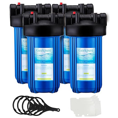 Geekpure 10-Inch Whole House Water Filter Housing with Wrench and Bracket-4.5 x 10 Inch-3/4-Inch Port-Pack of 4