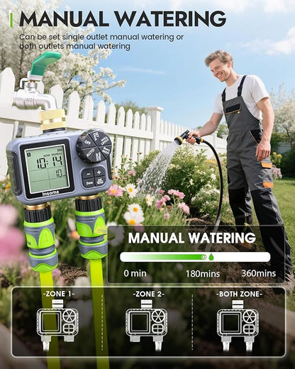 Insoma 2-Zone Sprinkler Timer Brass Inlet/Outlet, Water Hose Timer with Auto/Manual Modes + Rain Delay | Big LCD Dispay | Hose Timers for Garden, Yard Lawn, IPX5 Waterproof & Save Water