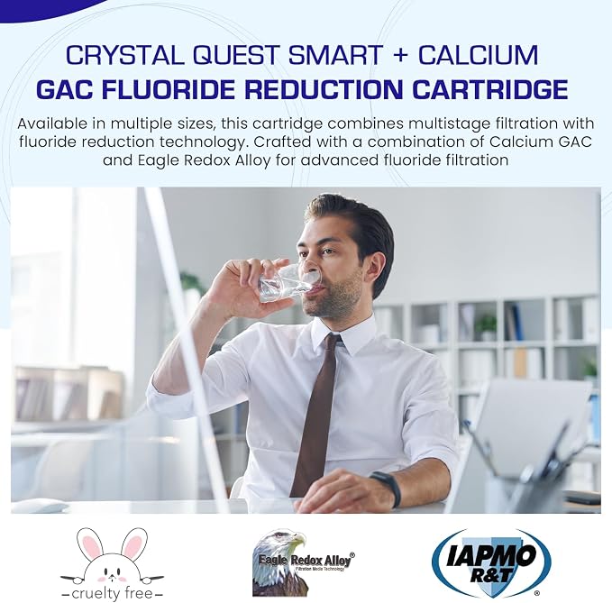 Crystal Quest SMART + Calcium GAC Fluoride Reduction Water Filter Cartridge - 1 Micron - Coconut Shell GAC - Eagle Redox Alloy - Reduces Fluoride & Contaminants - 4-5/8” x 9-3/4”